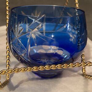 VTG Bohemian Cobalt Blue Cut to Clear Crystal Votive Candle Holder w/Stars-EUC